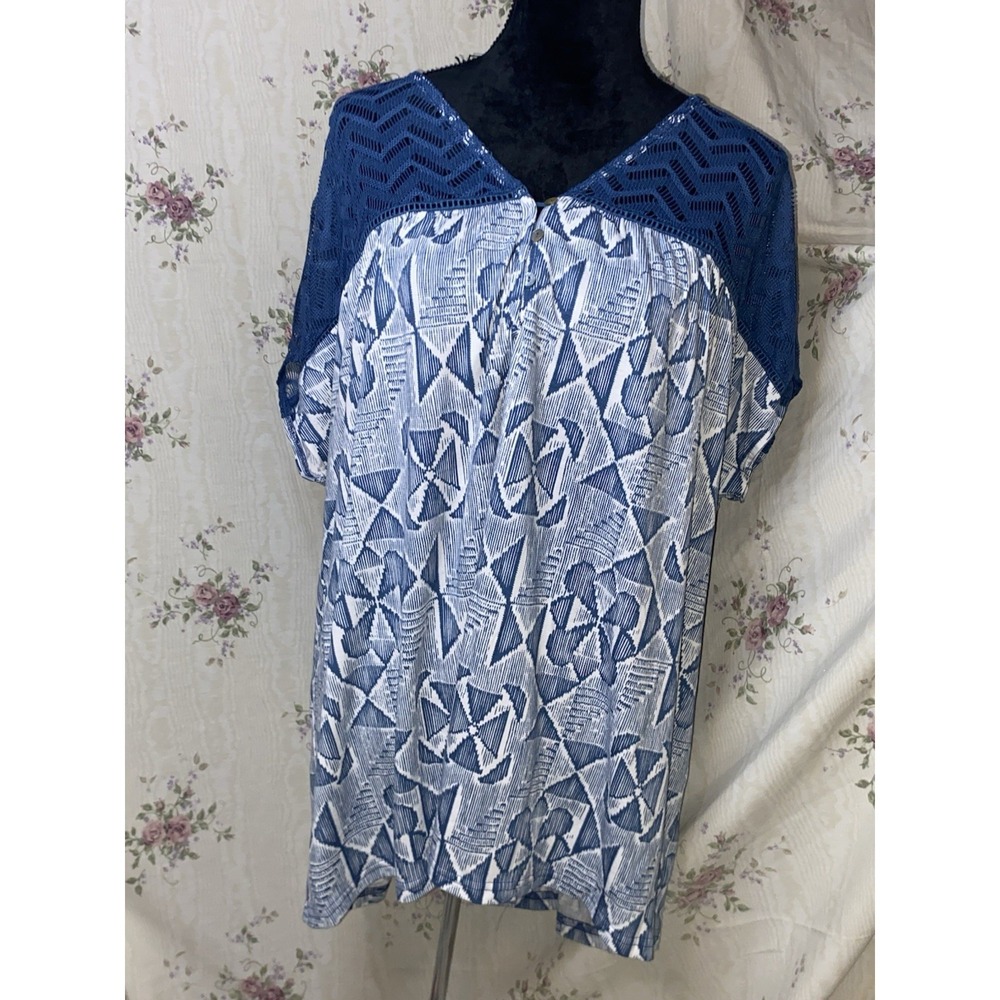 Weekend Suzanne Betro 3X ❤NWT❤ Boho Babydoll Blue Geometric Print Blouse